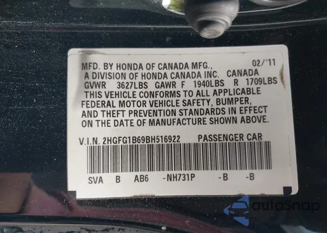 2011 Honda Civic Lx z USA, uszkodzony, nr VIN 2HGFG1B69BH516922